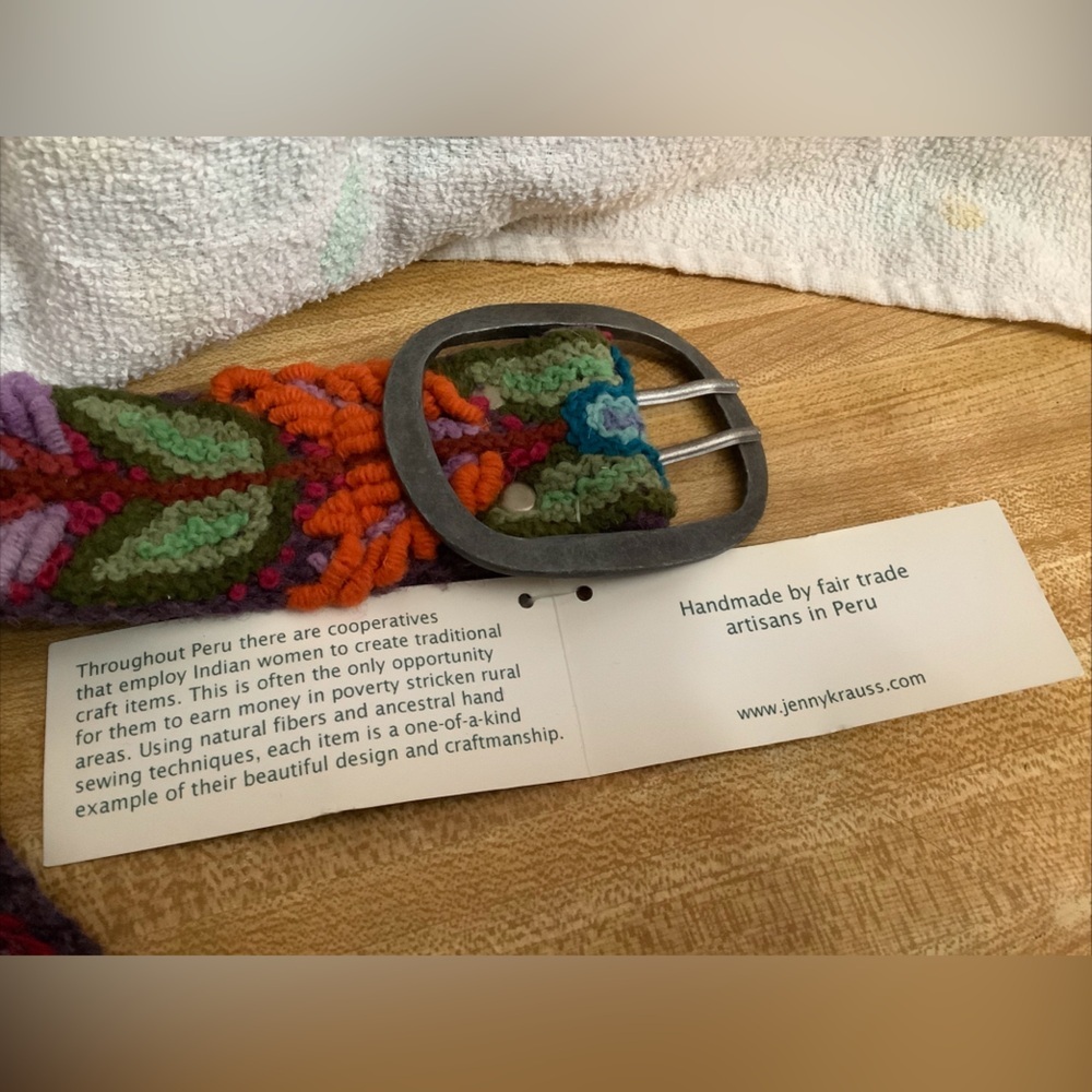 Jenny Krauss Boho Floral Densely Embroidered Blooms Wool Belt Handmade Peru Sz S - Picture 5 of 16